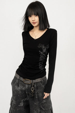 Retro V-Neck Letter Print Top