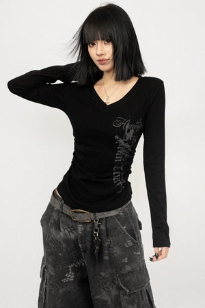 Retro V-Neck Letter Print Top