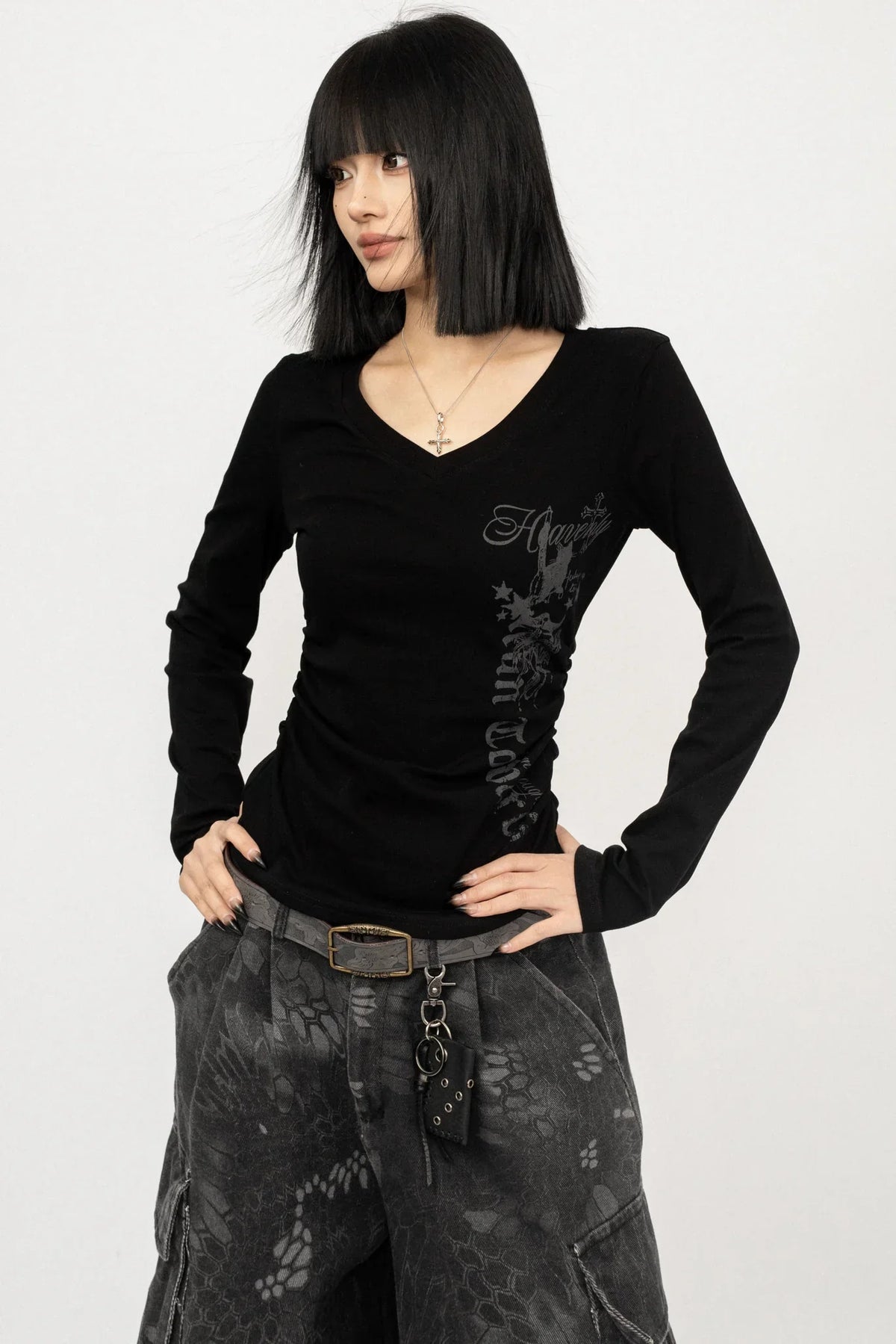 Retro V-Neck Letter Print Top