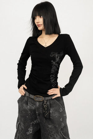 Retro V-Neck Letter Print Top