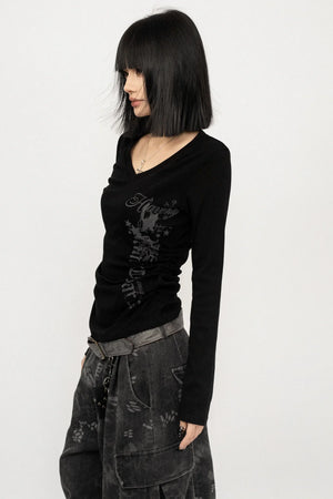 Retro V-Neck Letter Print Top
