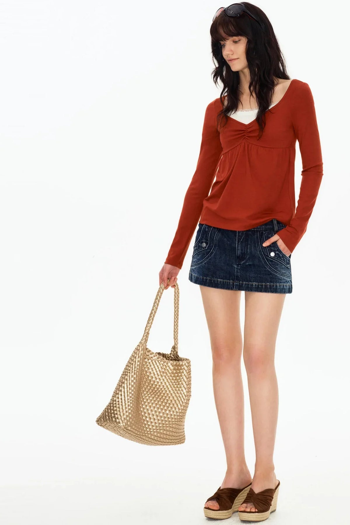 Retro Washed Denim Workwear Skirt