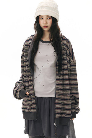 Reversible Striped Hooded Knit Cardigan