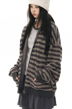 Reversible Striped Hooded Knit Cardigan