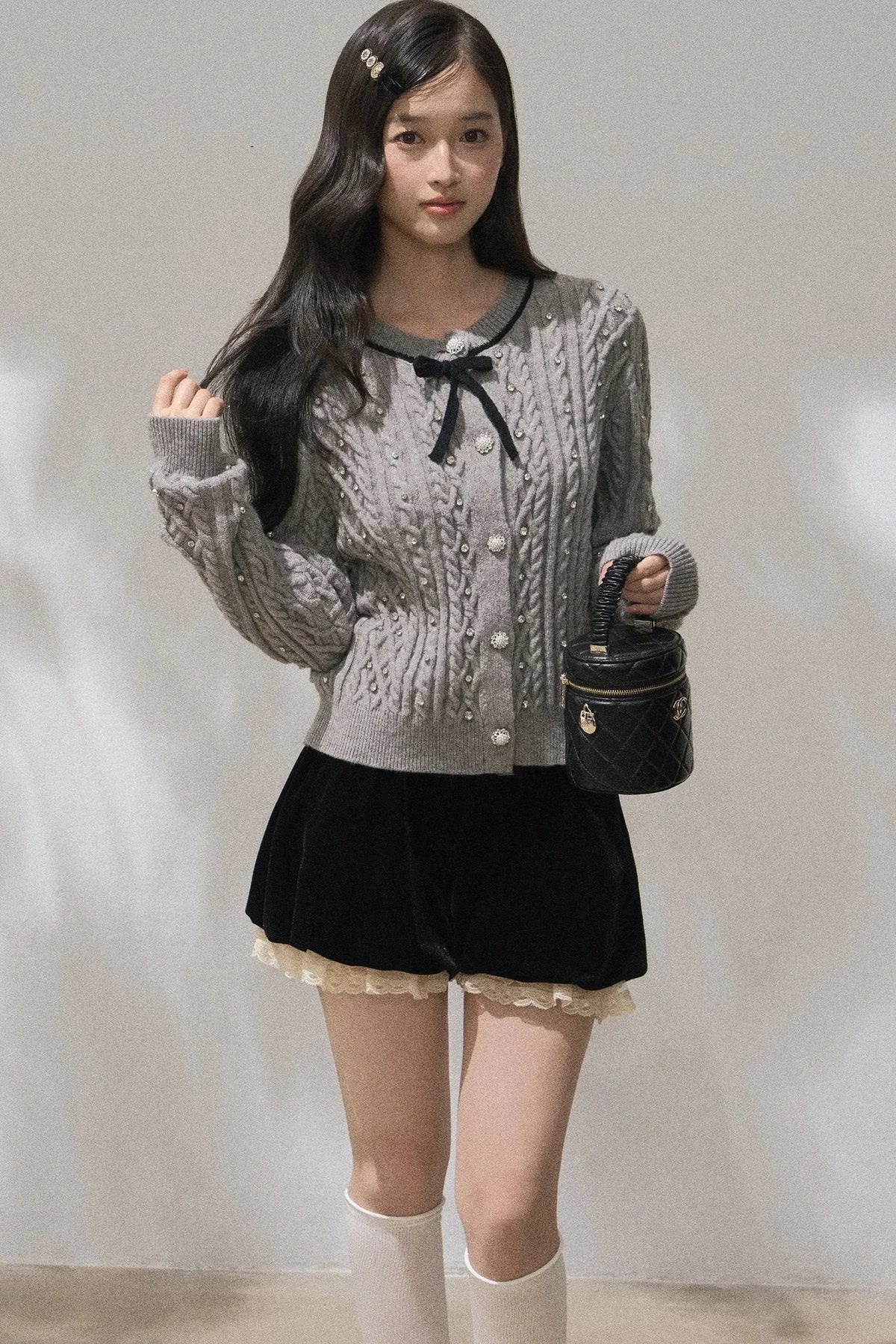 Rhinestone Bow Knit Cardigan Top and Velvet Skirt Set-Up