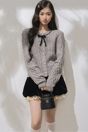 Rhinestone Bow Knit Cardigan Top and Velvet Skirt Set-Up
