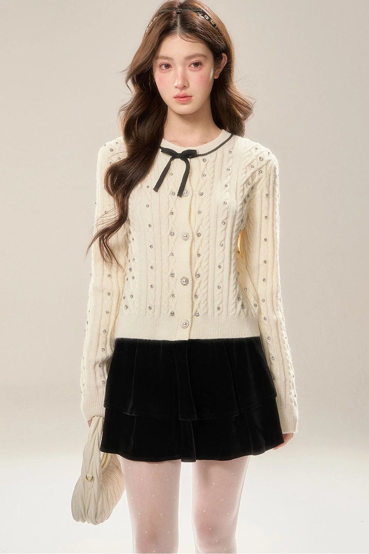 Rhinestone Bow Knit Cardigan Top and Velvet Skirt Set-Up