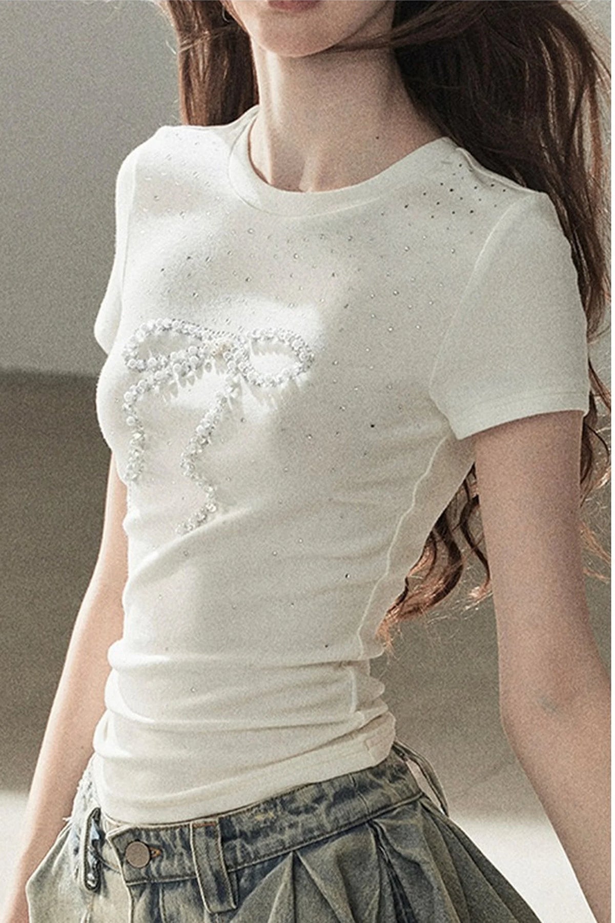 Rhinestone Bow Short-Sleeve T-Shirt