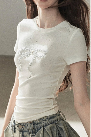 Rhinestone Bow Short-Sleeve T-Shirt