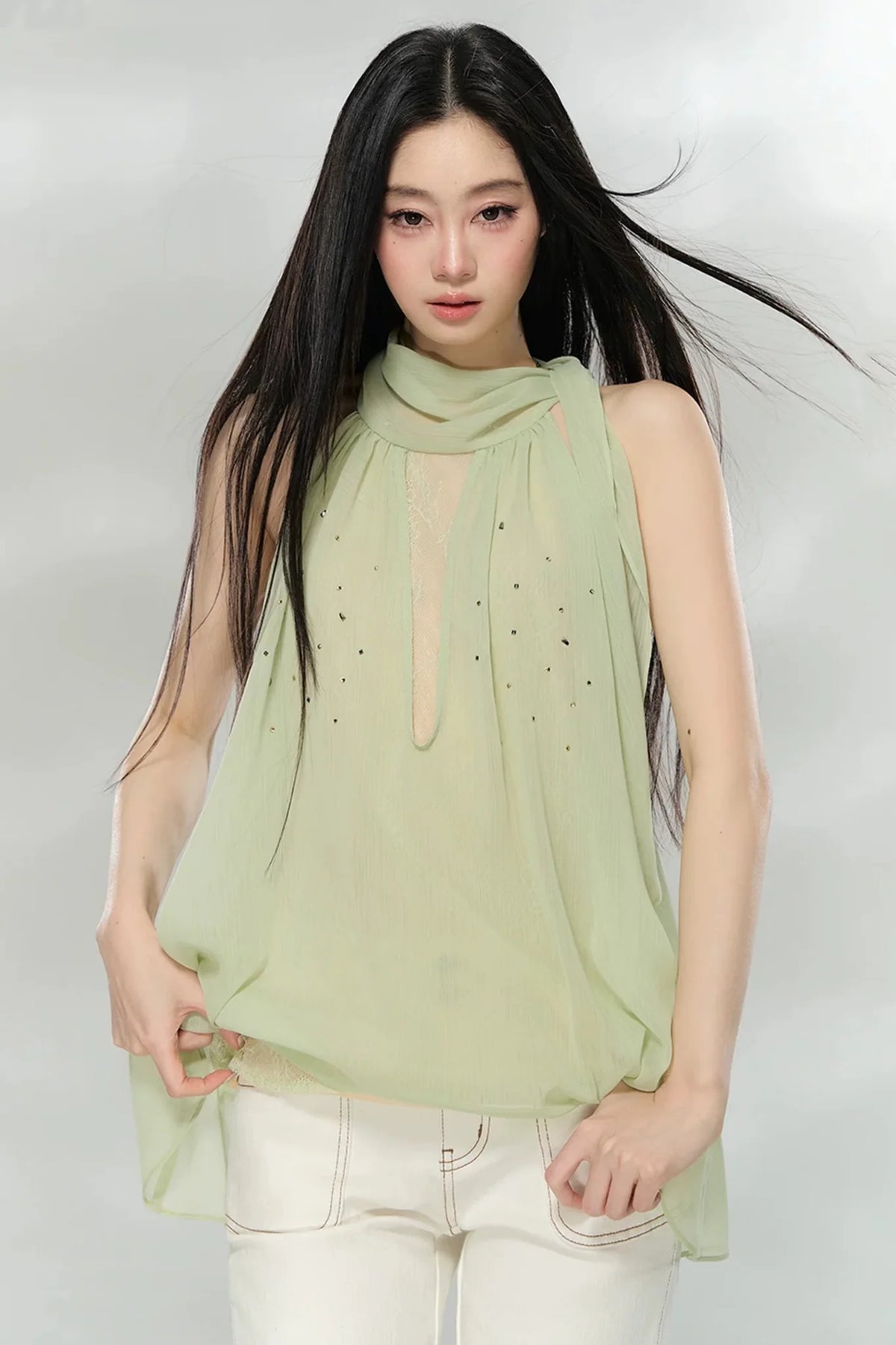 Rhinestone Chiffon Lace Blouse