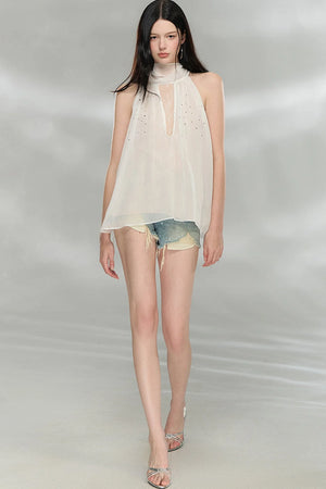 Rhinestone Chiffon Lace Blouse
