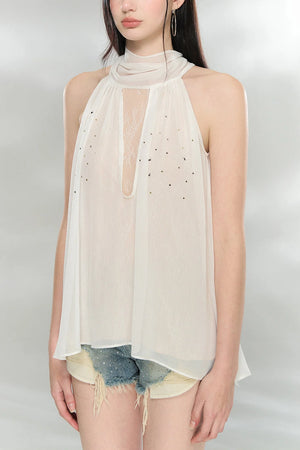 Rhinestone Chiffon Lace Blouse