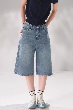 Rhinestone Denim Cropped Pants