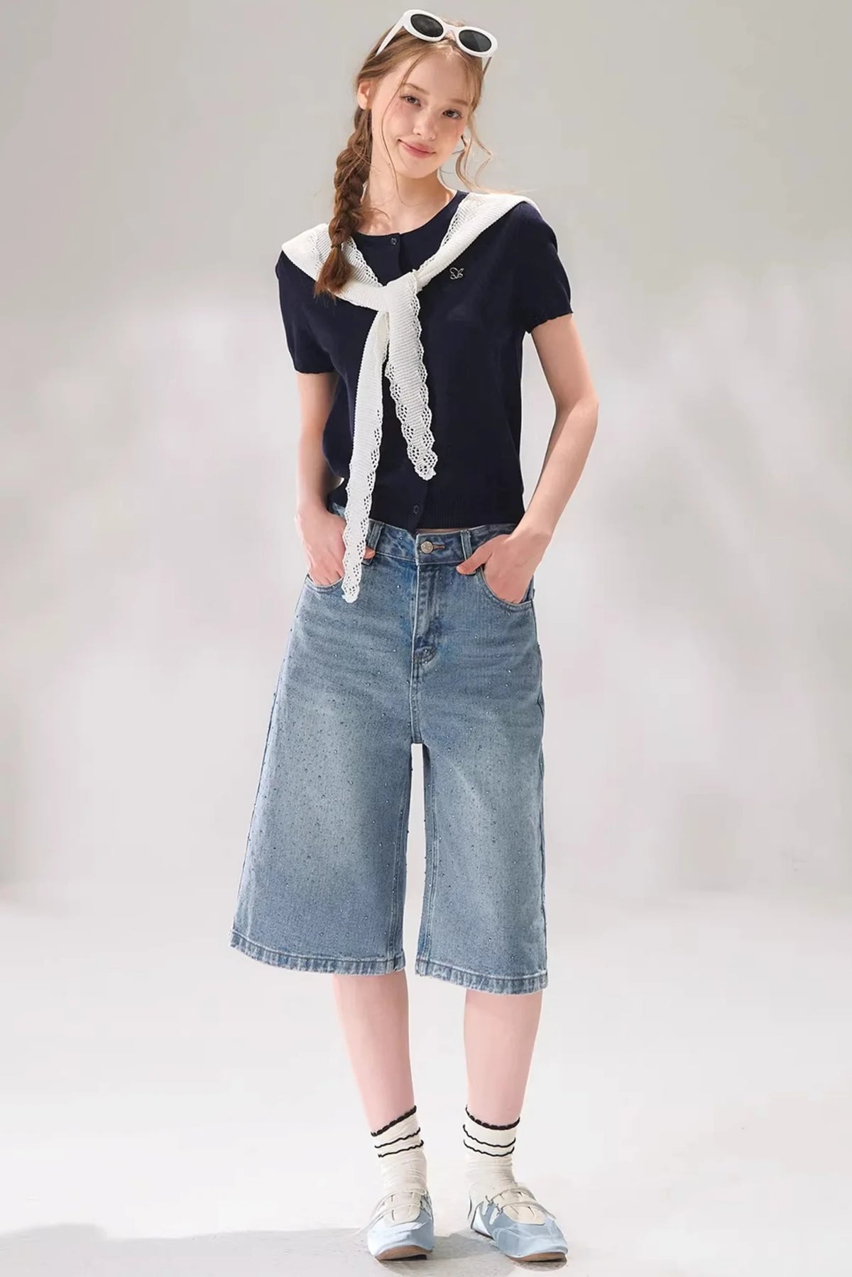 Rhinestone Denim Cropped Pants