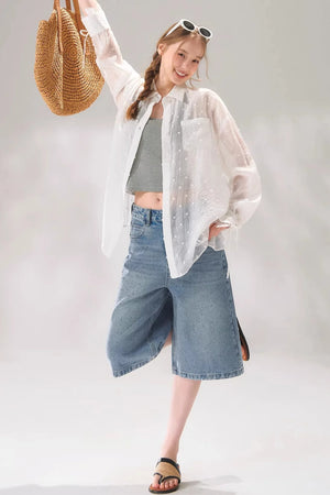 Rhinestone Denim Cropped Pants