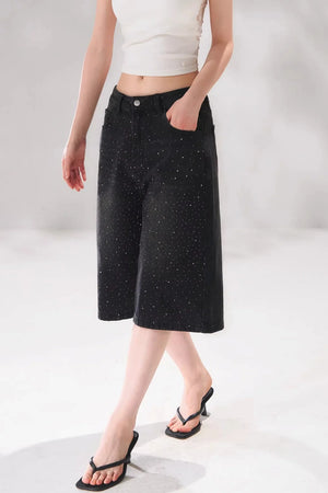 Rhinestone Denim Cropped Pants