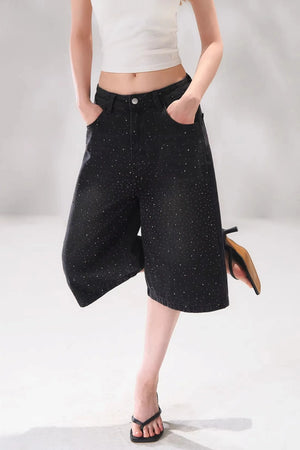 Rhinestone Denim Cropped Pants