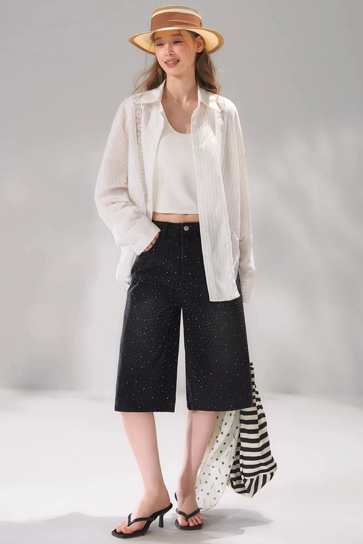 Rhinestone Denim Cropped Pants