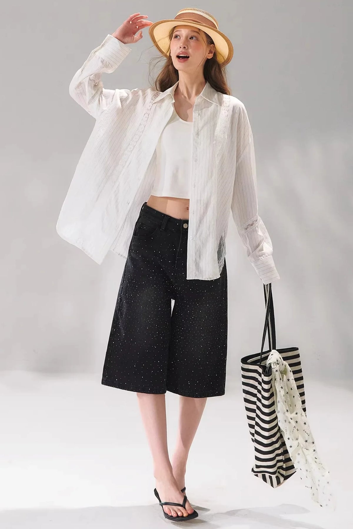 Rhinestone Denim Cropped Pants