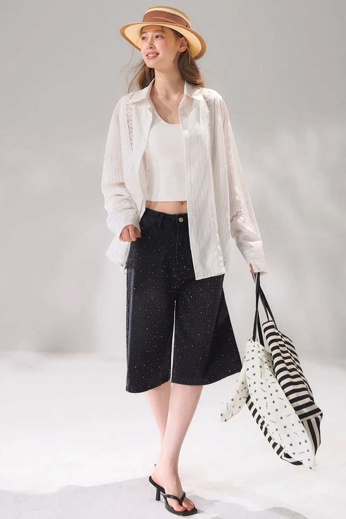 Rhinestone Denim Cropped Pants