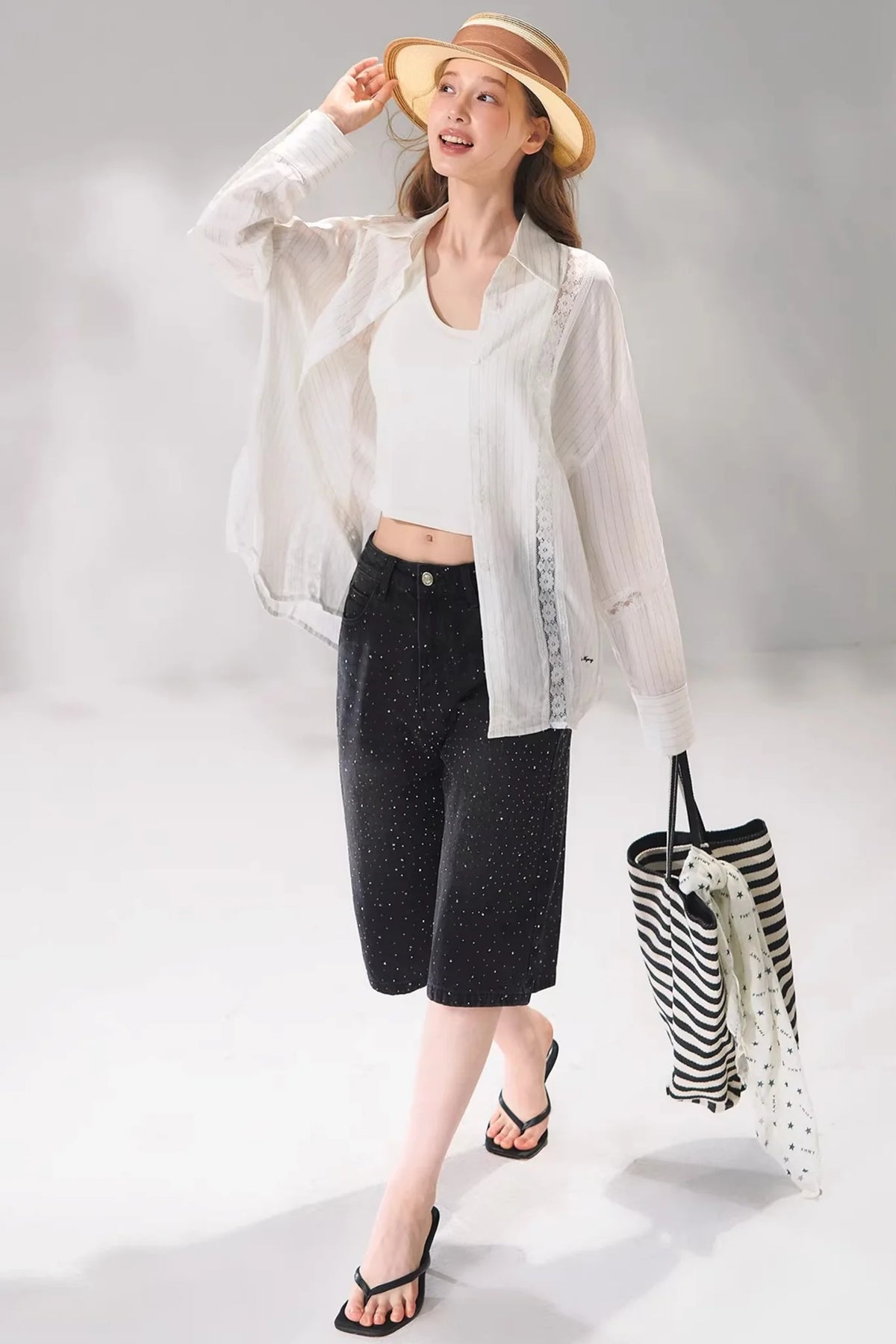 Rhinestone Denim Cropped Pants