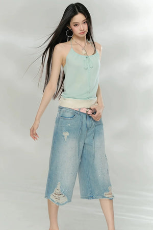 Rhinestone Distressed Denim Pants