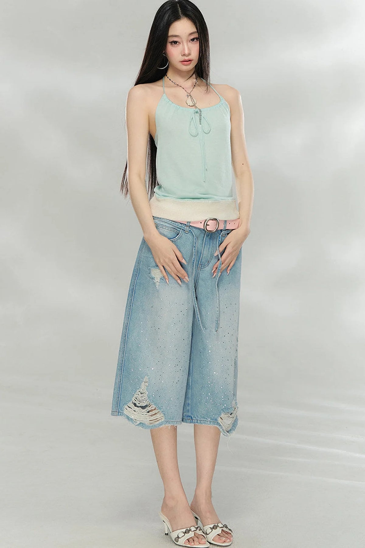 Rhinestone Distressed Denim Pants