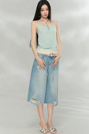 Rhinestone Distressed Denim Pants