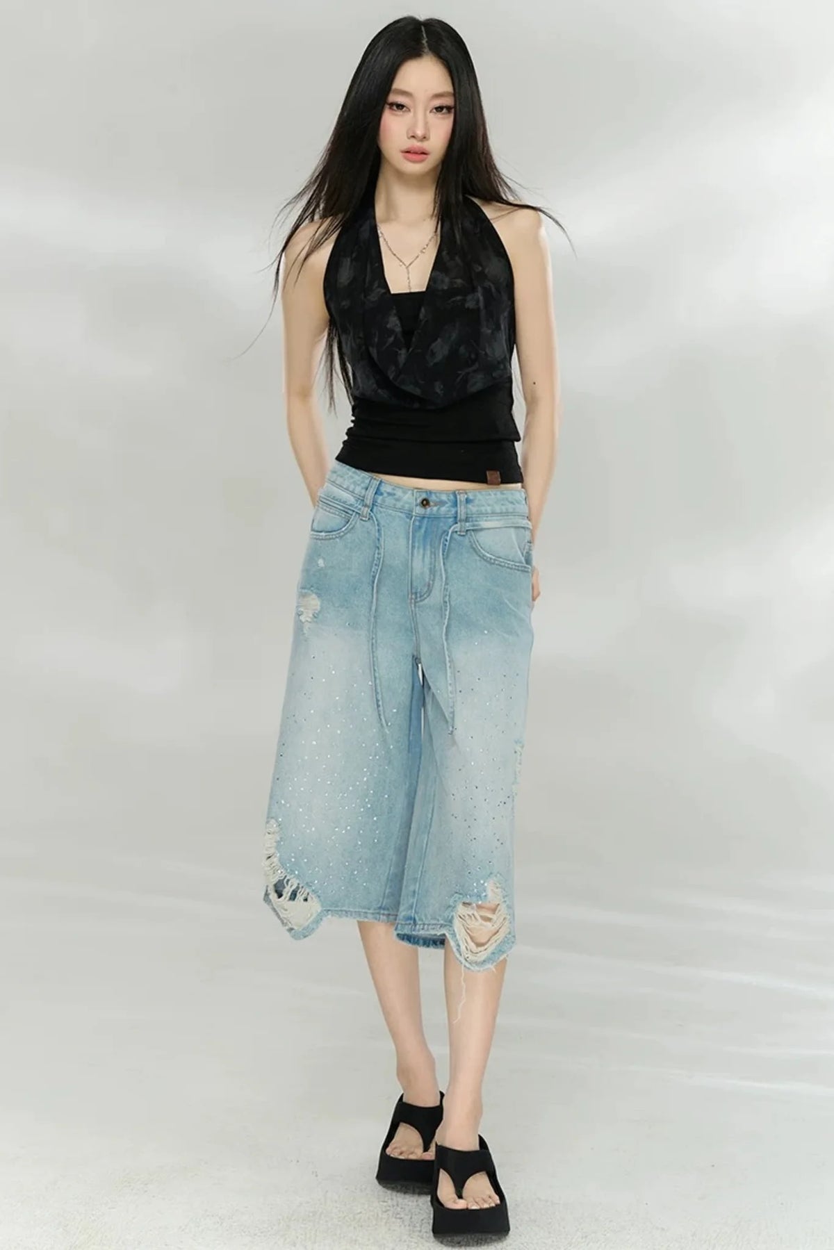 Rhinestone Distressed Denim Pants
