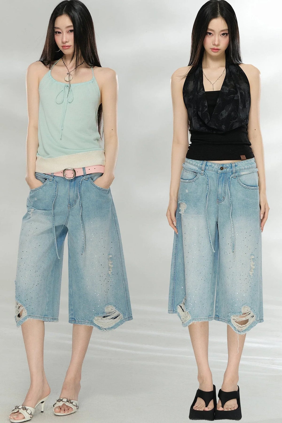 Rhinestone Distressed Denim Pants