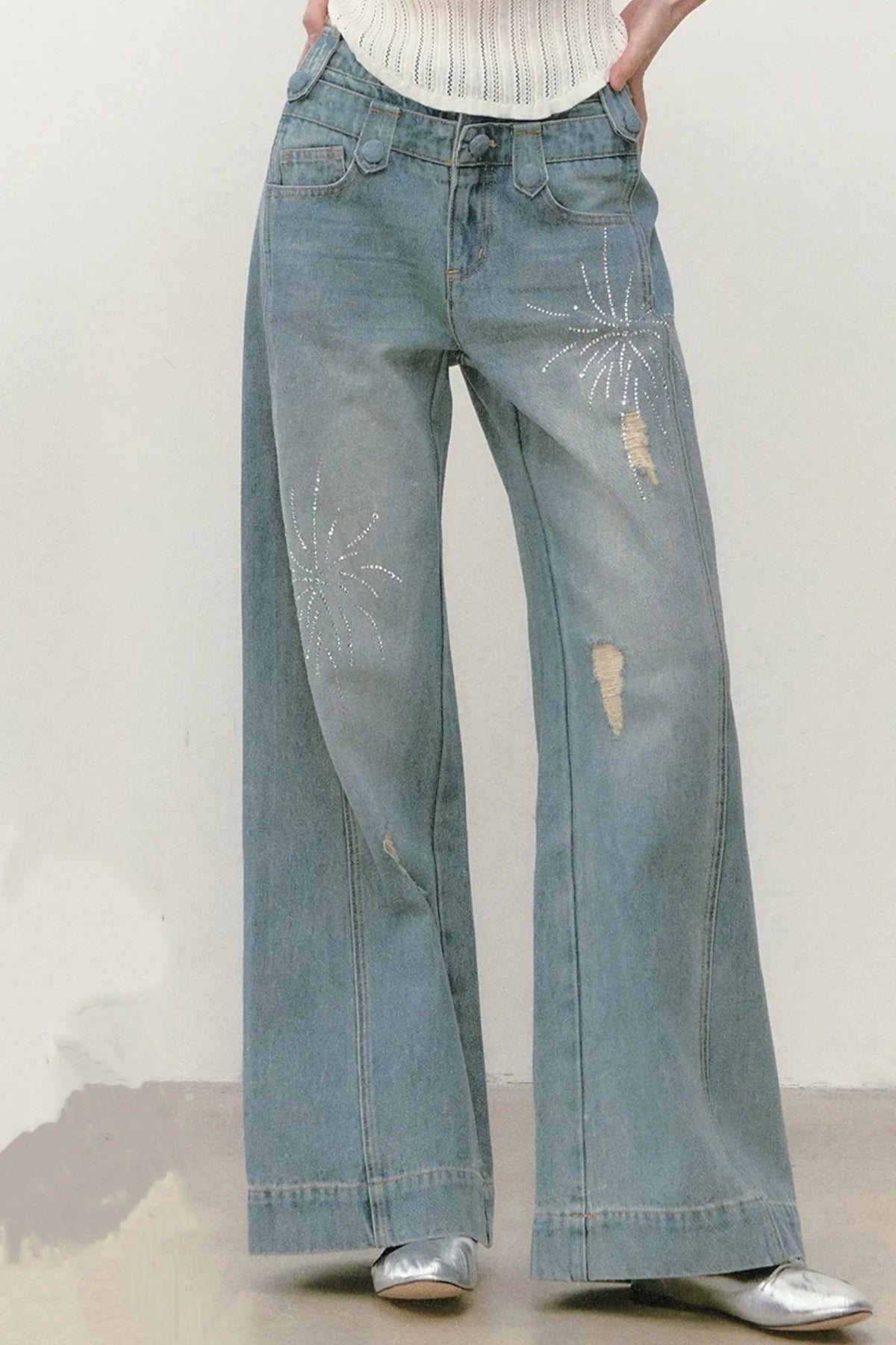Rhinestone Double Waist Loose Straight Jeans