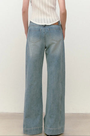 Rhinestone Double Waist Loose Straight Jeans