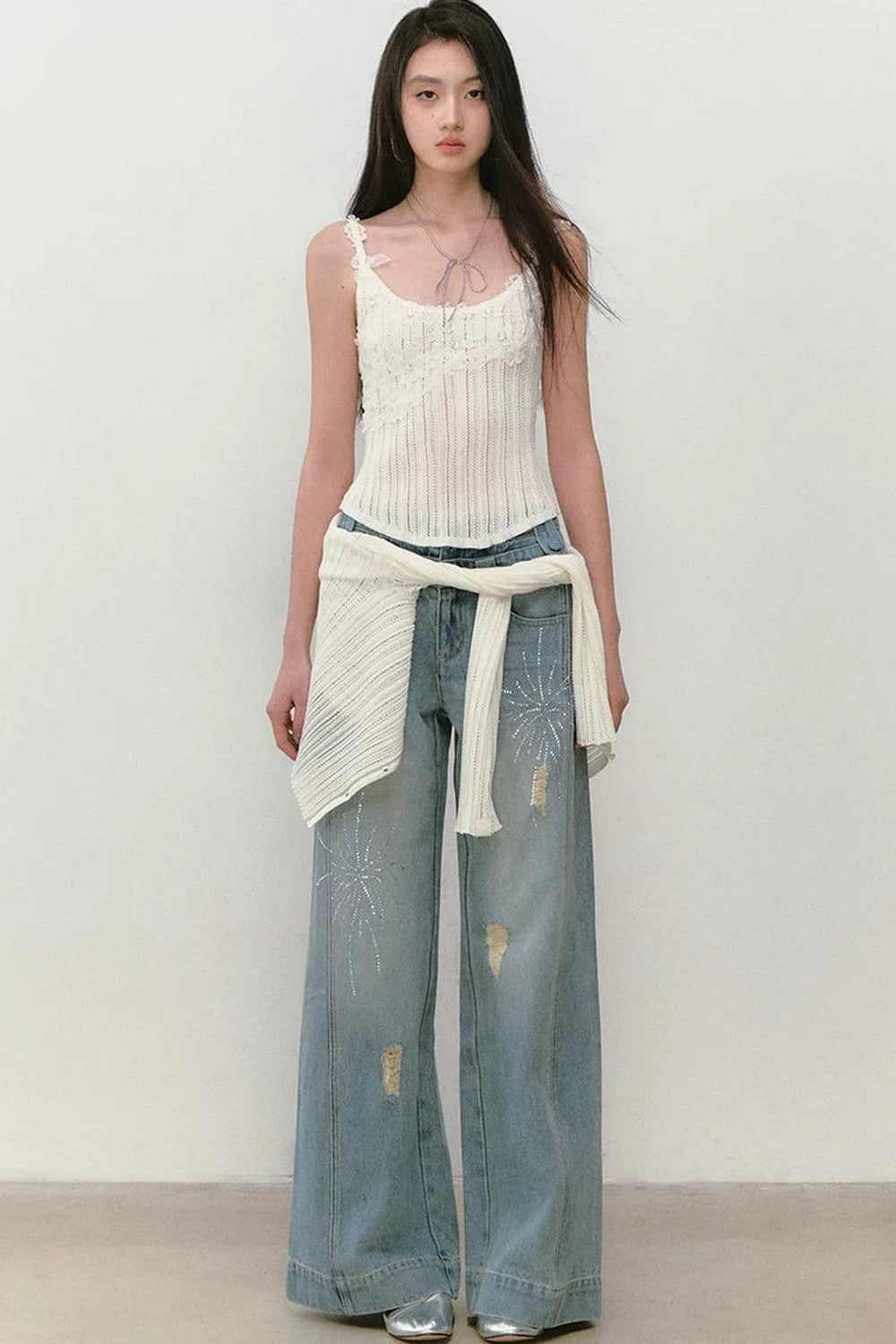 Rhinestone Double Waist Loose Straight Jeans