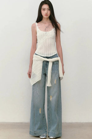 Rhinestone Double Waist Loose Straight Jeans