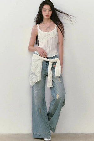 Rhinestone Double Waist Loose Straight Jeans