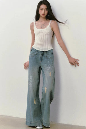 Rhinestone Double Waist Loose Straight Jeans