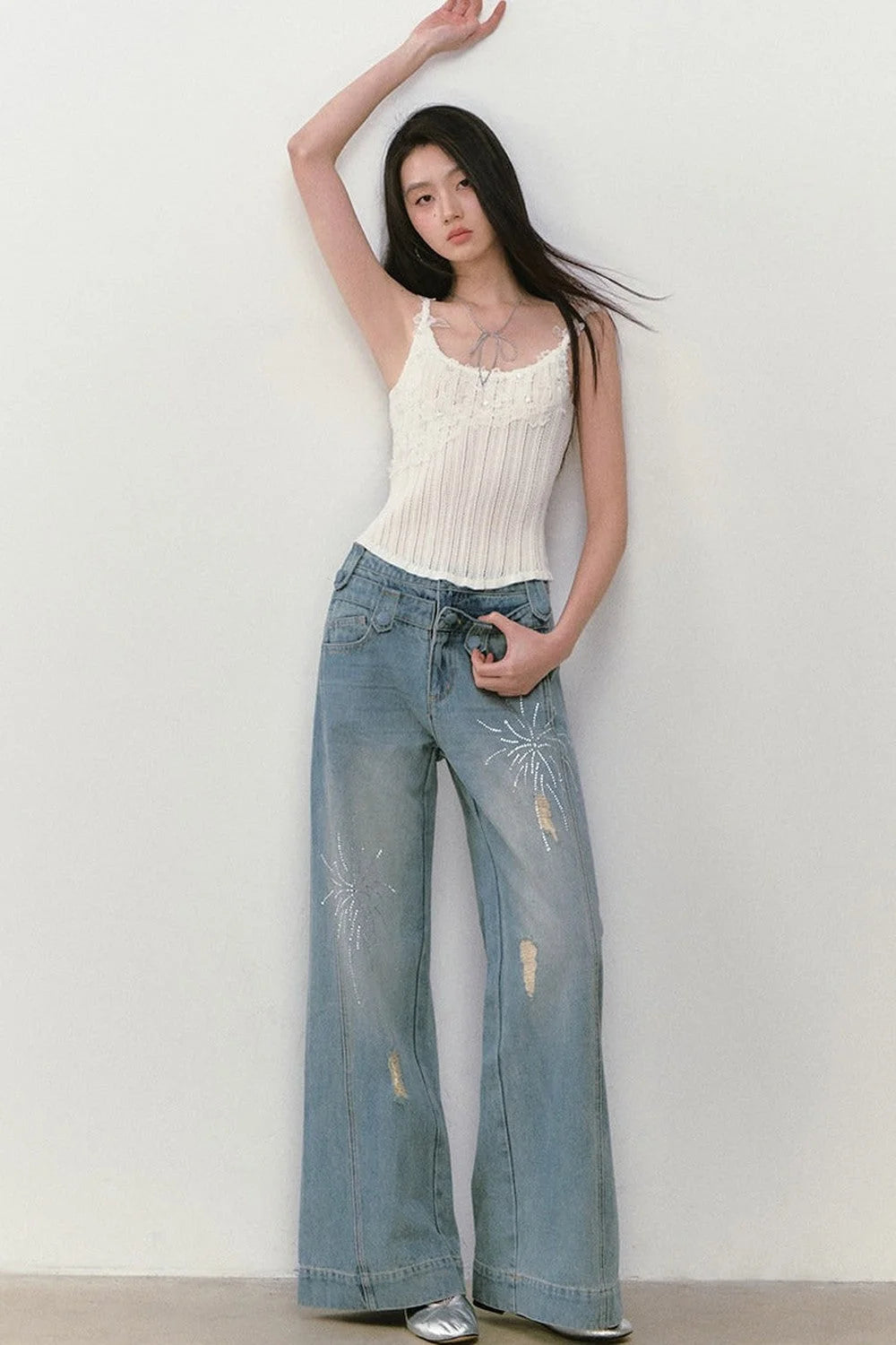 Rhinestone Double Waist Loose Straight Jeans