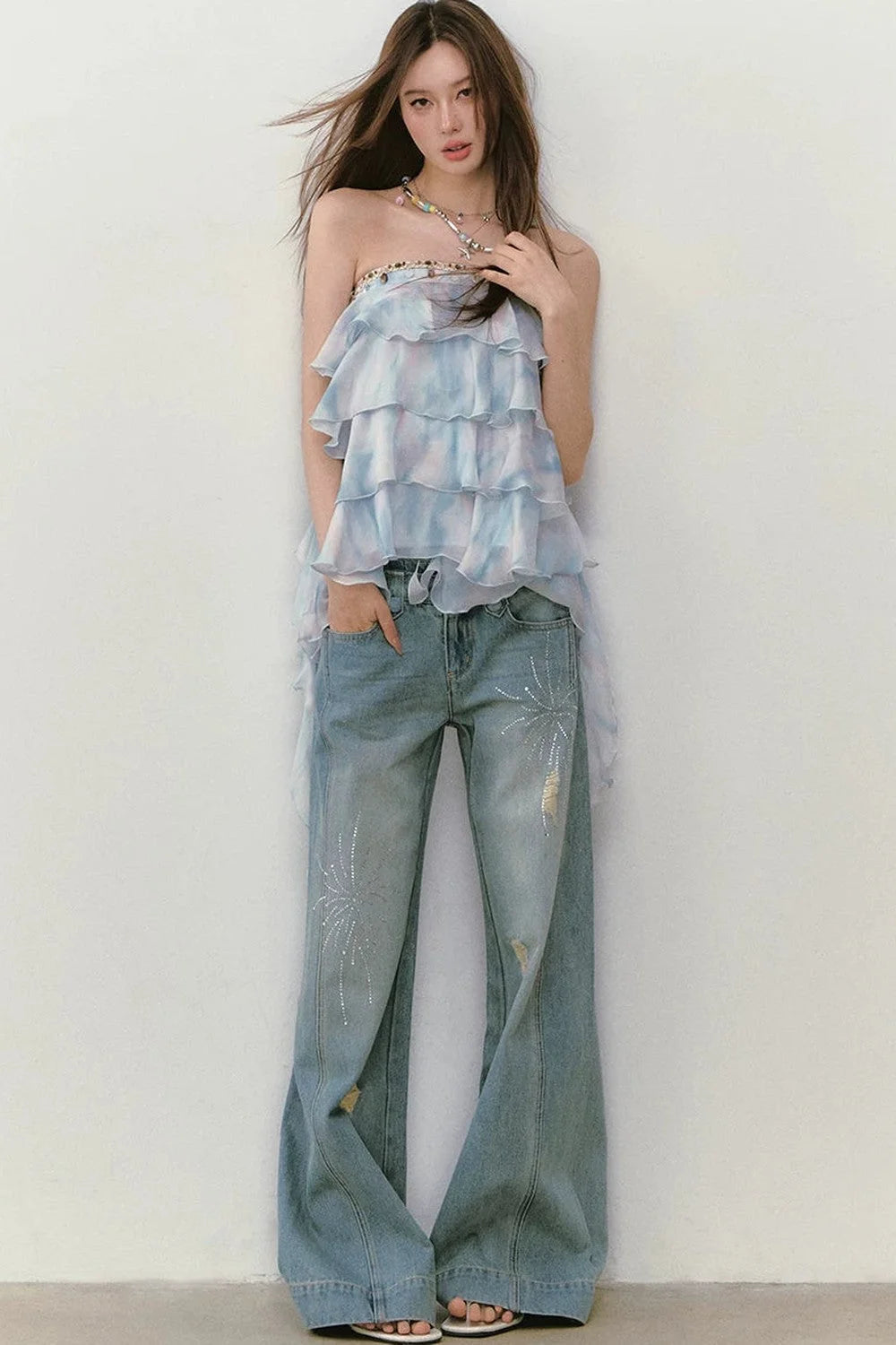 Rhinestone Double Waist Loose Straight Jeans