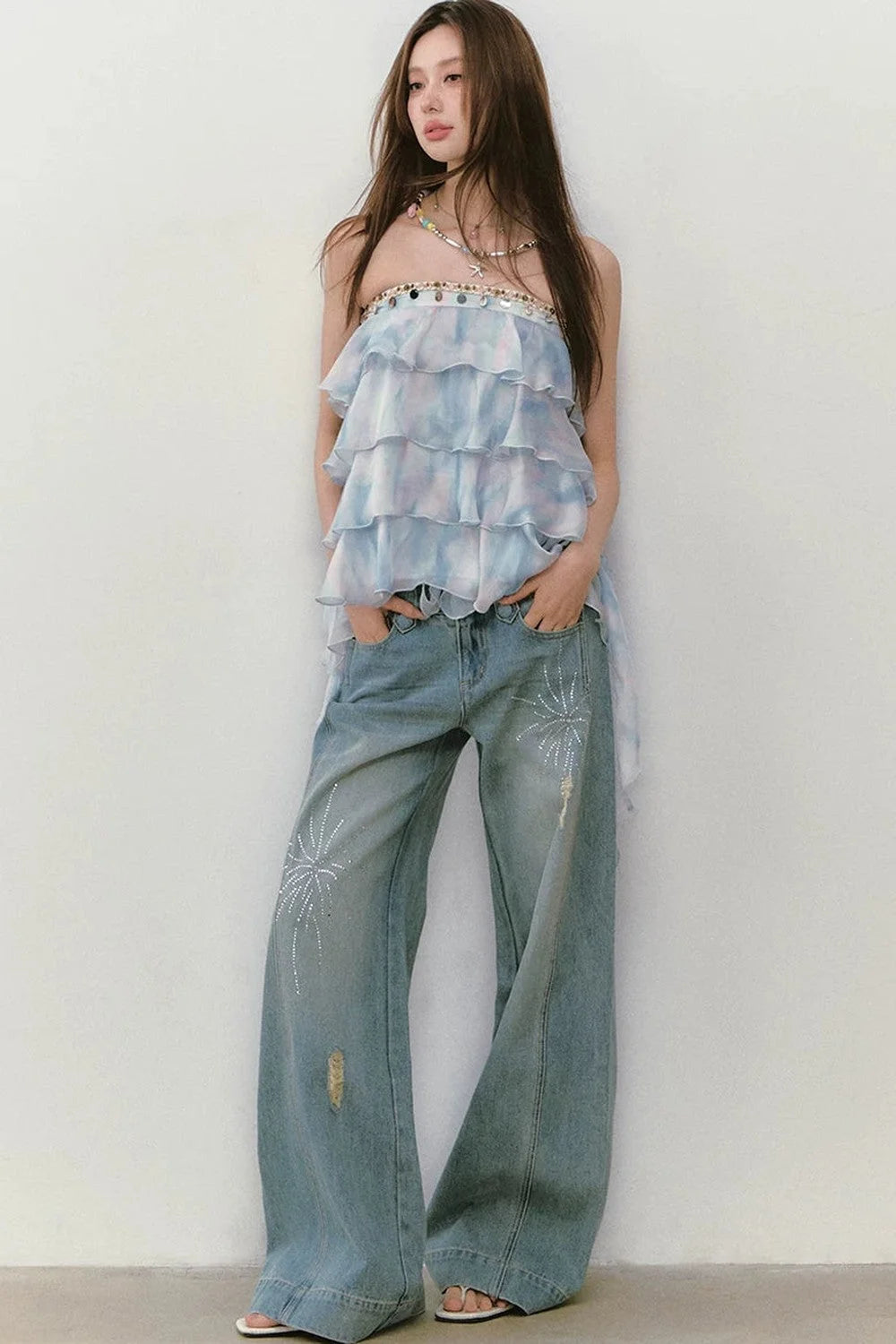 Rhinestone Double Waist Loose Straight Jeans