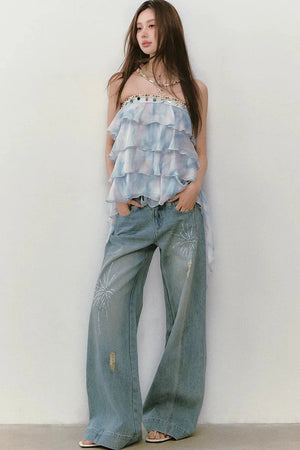 Rhinestone Double Waist Loose Straight Jeans