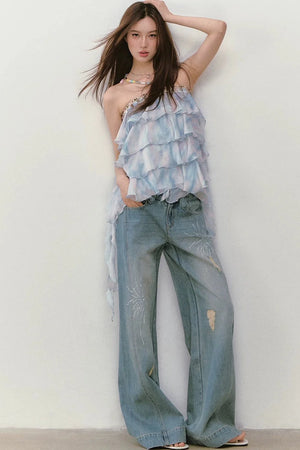 Rhinestone Double Waist Loose Straight Jeans