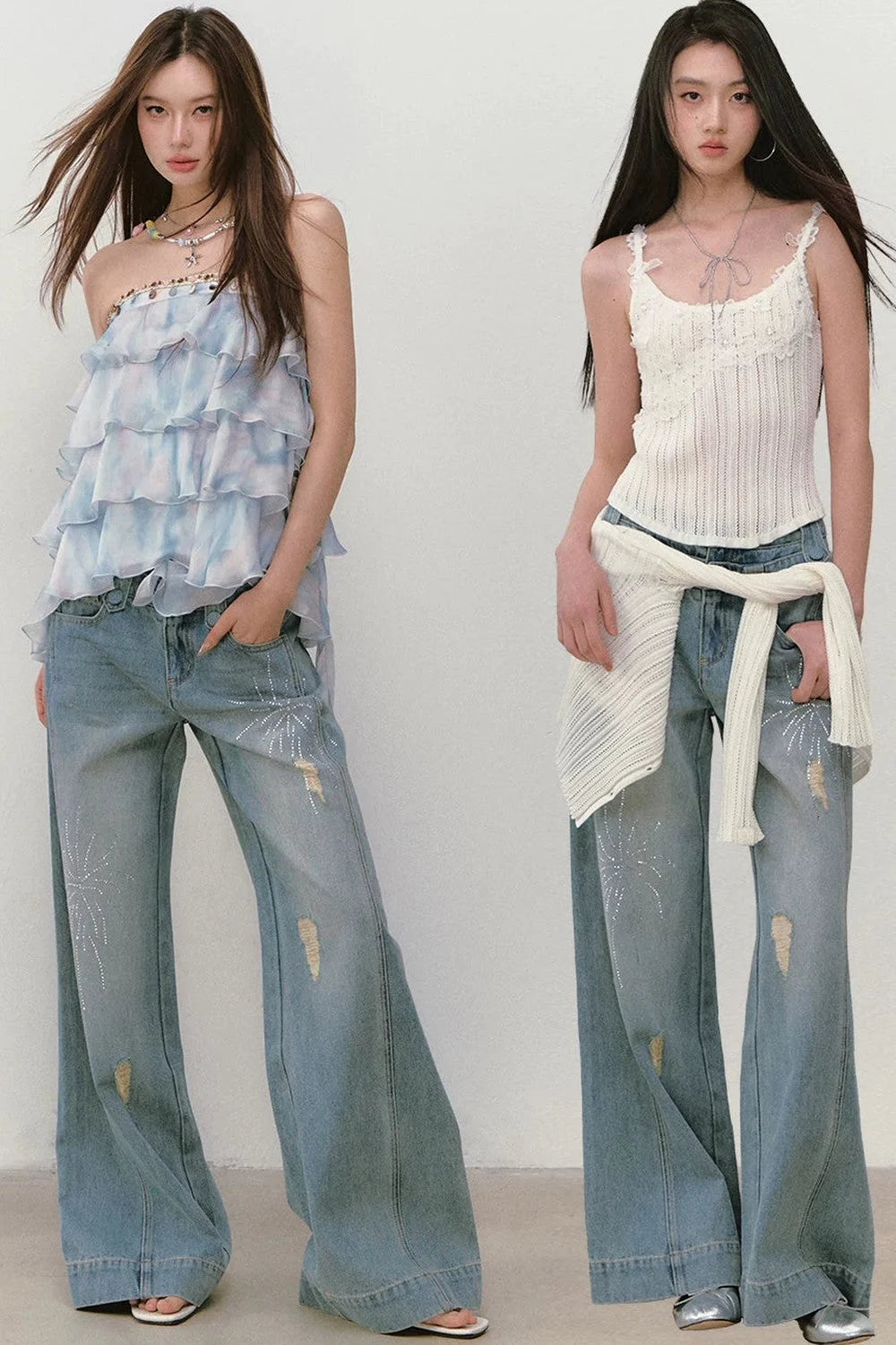 Rhinestone Double Waist Loose Straight Jeans