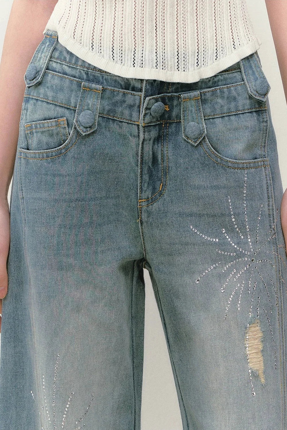 Rhinestone Double Waist Loose Straight Jeans