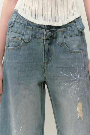 Rhinestone Double Waist Loose Straight Jeans