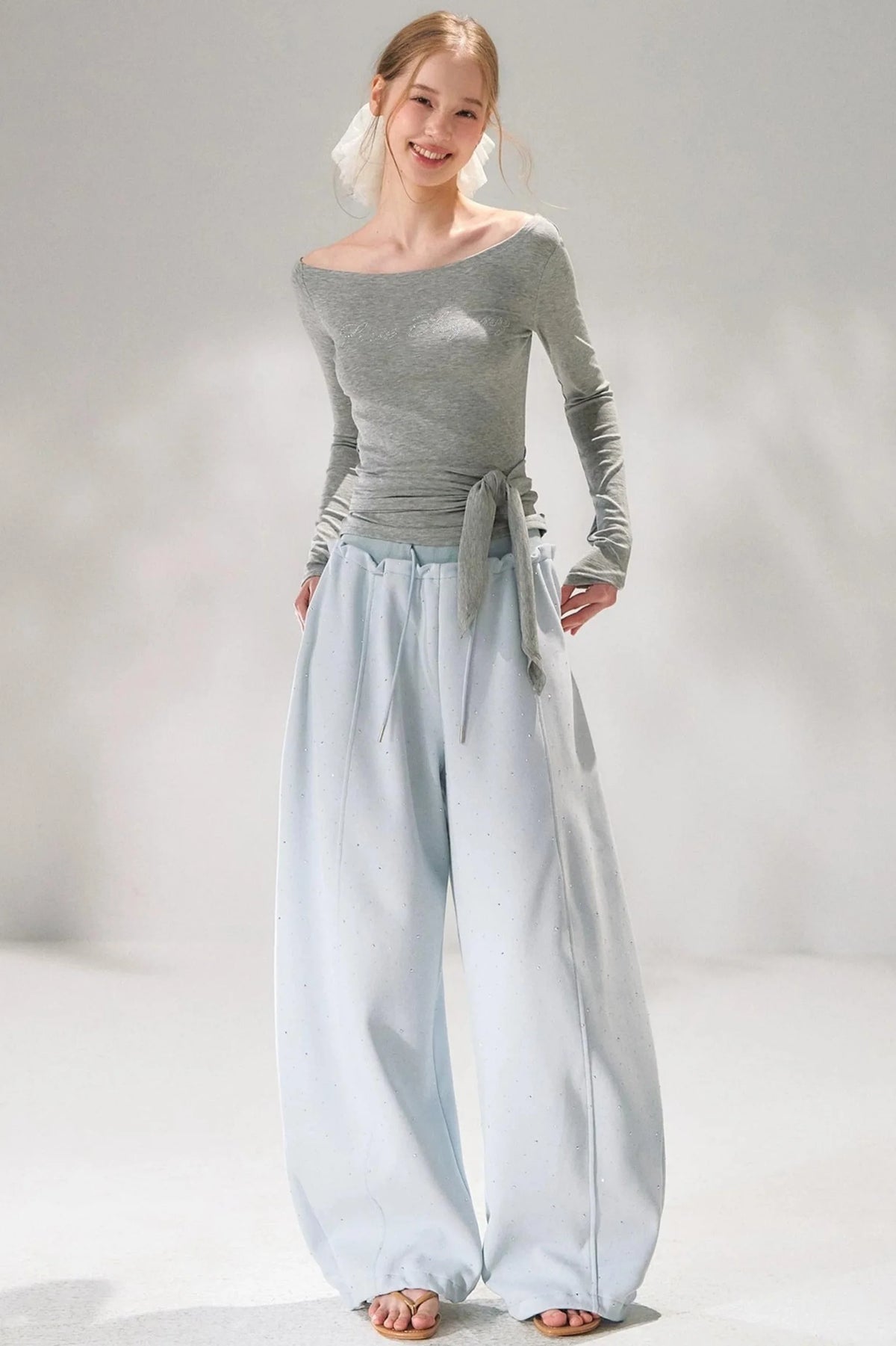 Rhinestone Elastic Waistband Pants