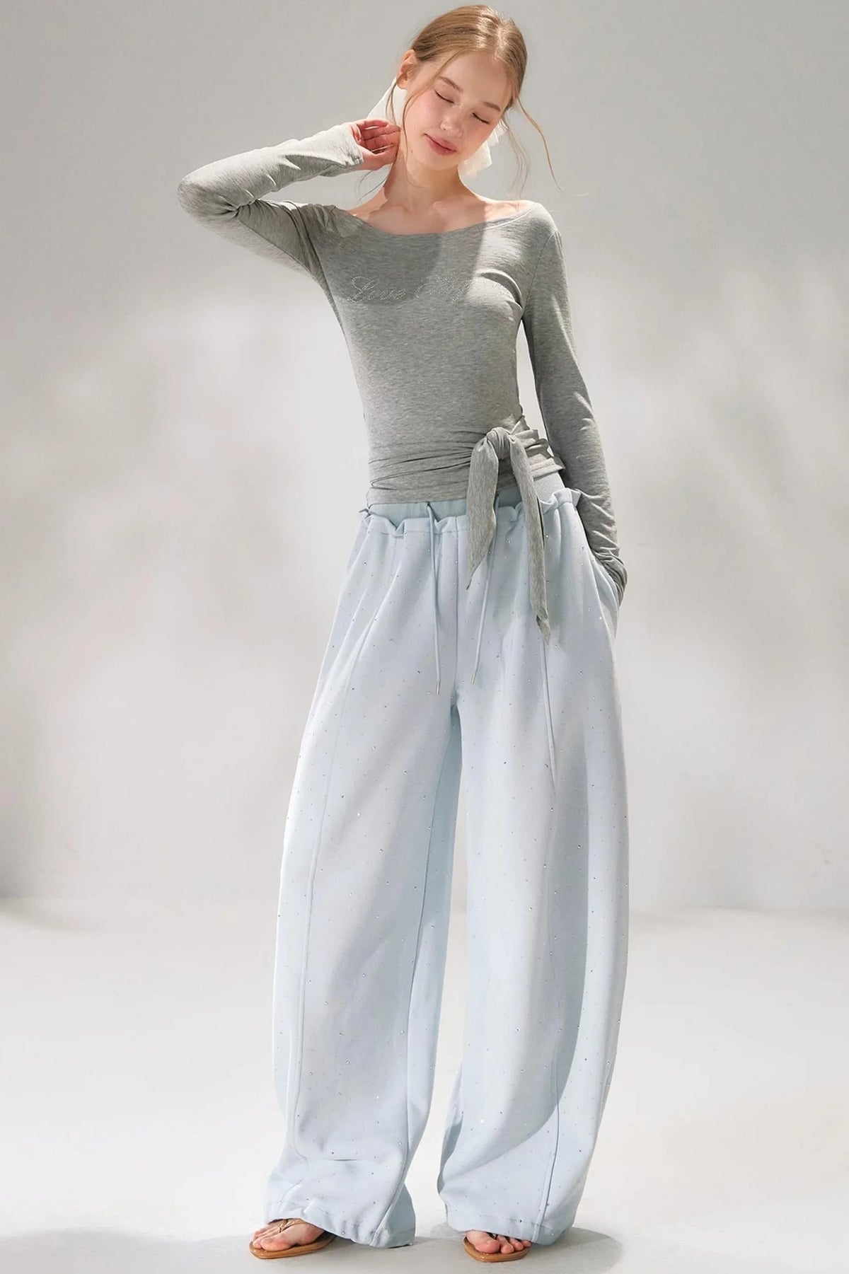 Rhinestone Elastic Waistband Pants