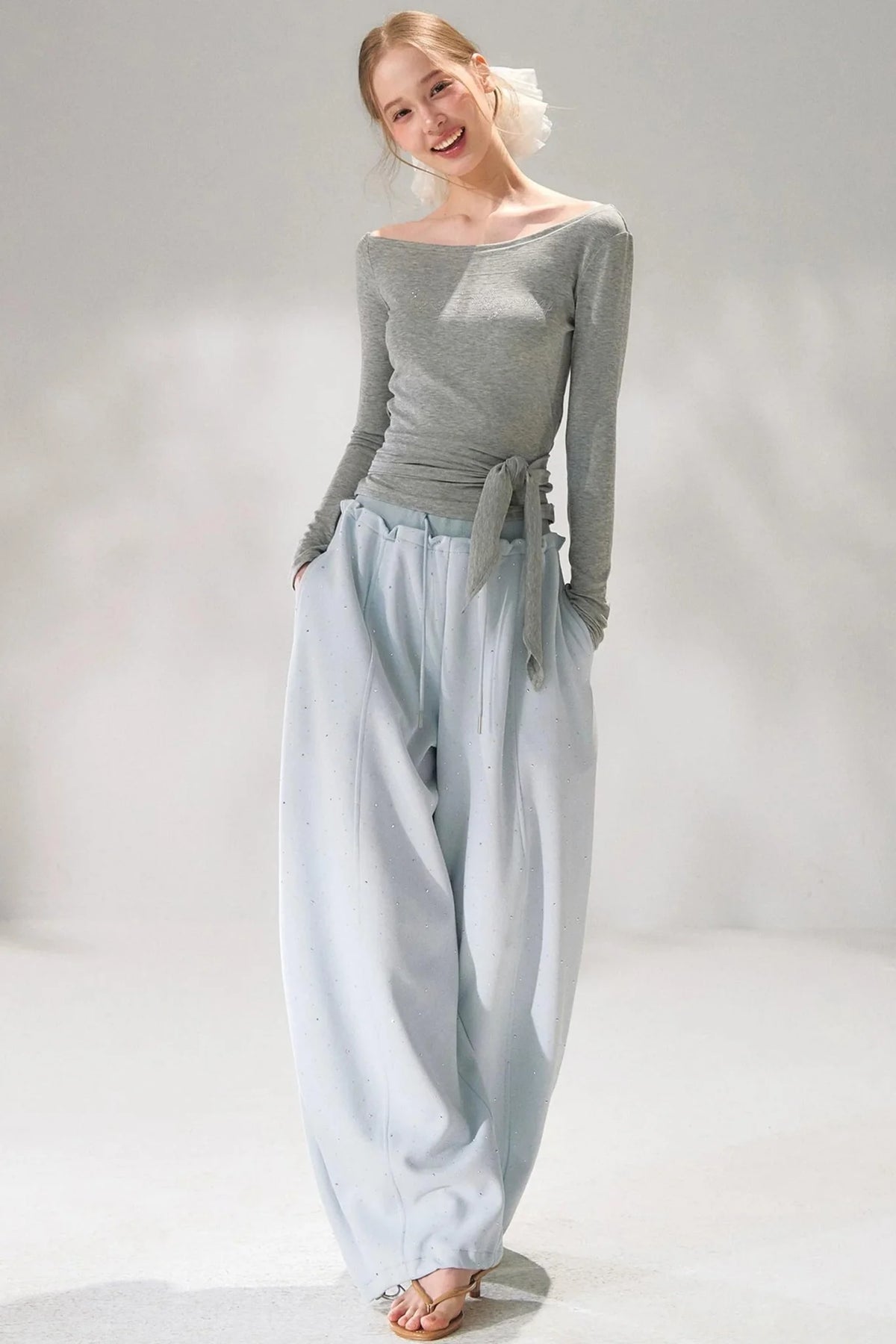 Rhinestone Elastic Waistband Pants