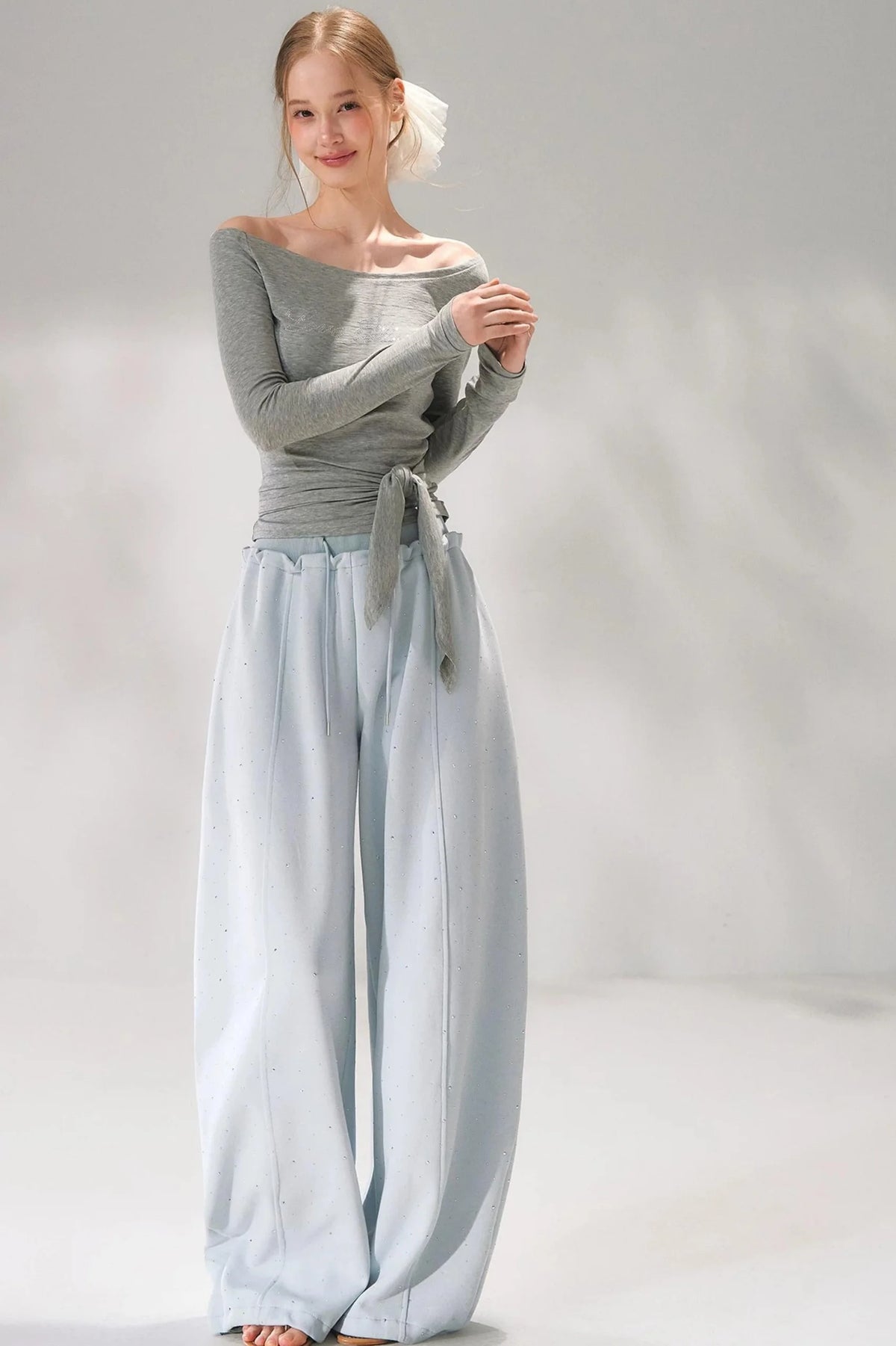 Rhinestone Elastic Waistband Pants