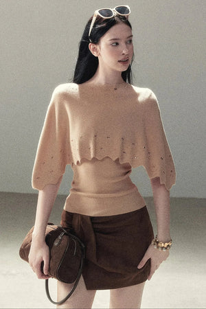 Rhinestone Hollow-Out Cape Sweater Set