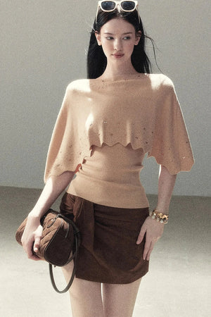 Rhinestone Hollow-Out Cape Sweater Set